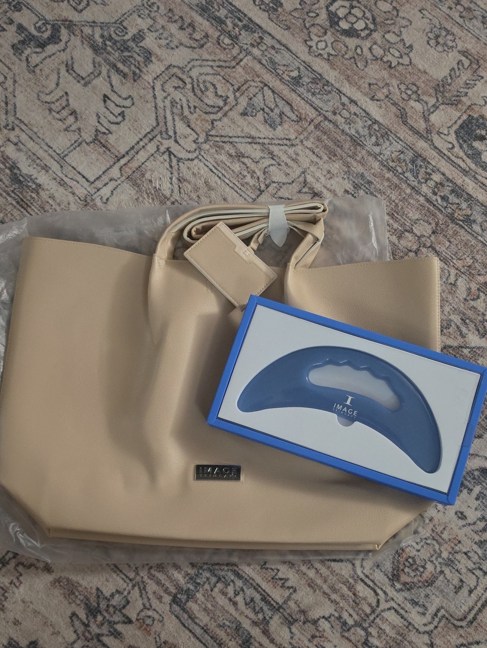 New IMAGE Skincare Beige Tote Bag With IMAGE Body Gua Sha Scilpting Tool.